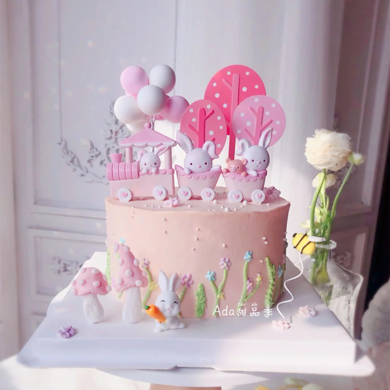 蛋糕装饰摆件粉色火车兔子插件