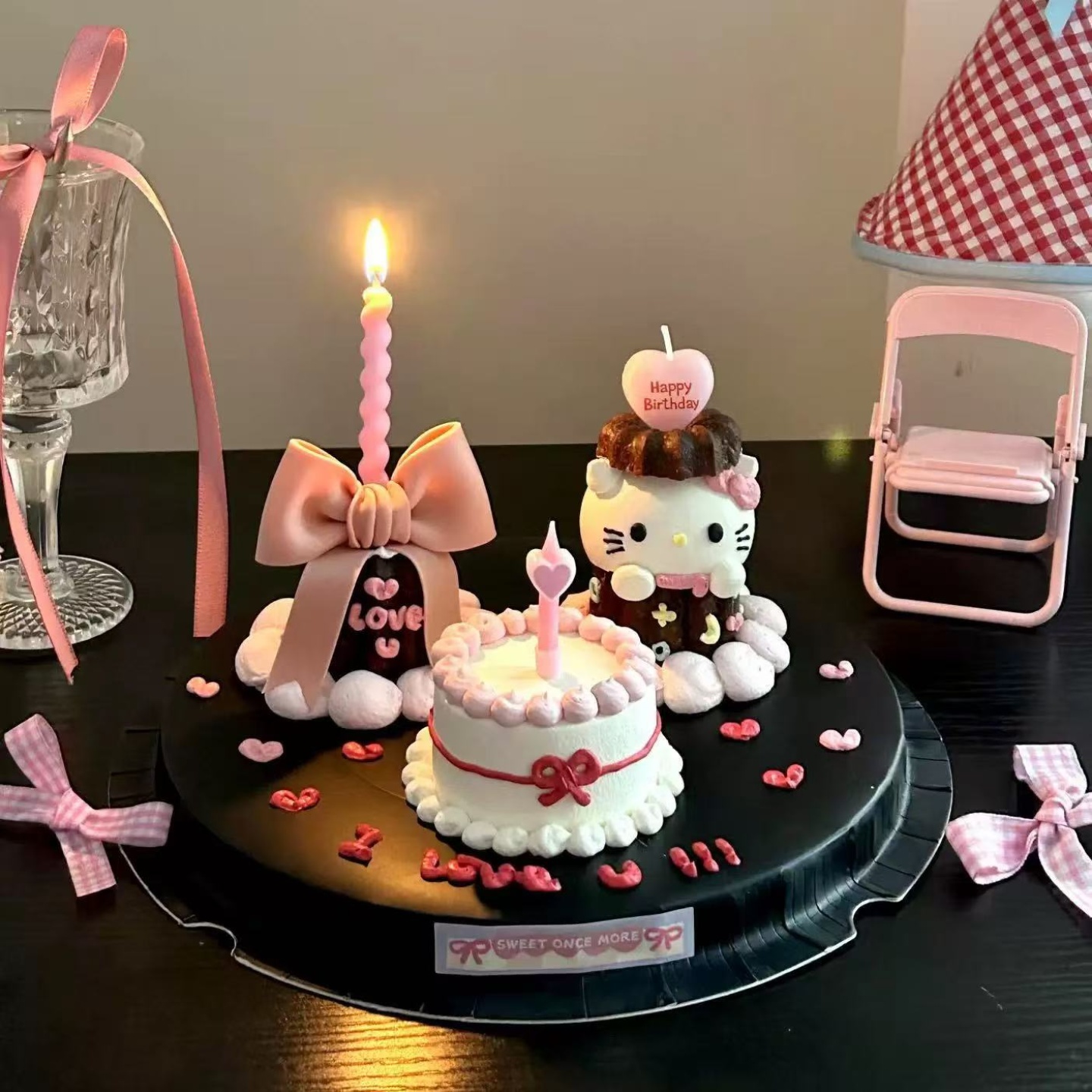 网红kt猫可露丽风蛋糕装饰蝴蝶结爱心蜡烛摆件hellokitty甜品插件