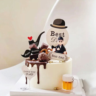 父亲节蛋糕装饰啤酒酒杯摆件座椅沙发老爸胡子烟斗西服蛋糕插牌
