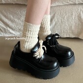 黑色厚底小皮鞋 女2025新款 春季 甜桃泡泡 英伦风复古增高百搭单鞋