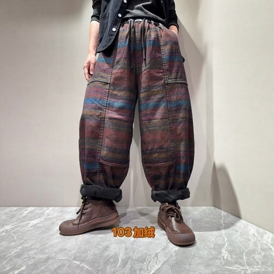 2025秋冬新款条纹印花加绒牛仔裤