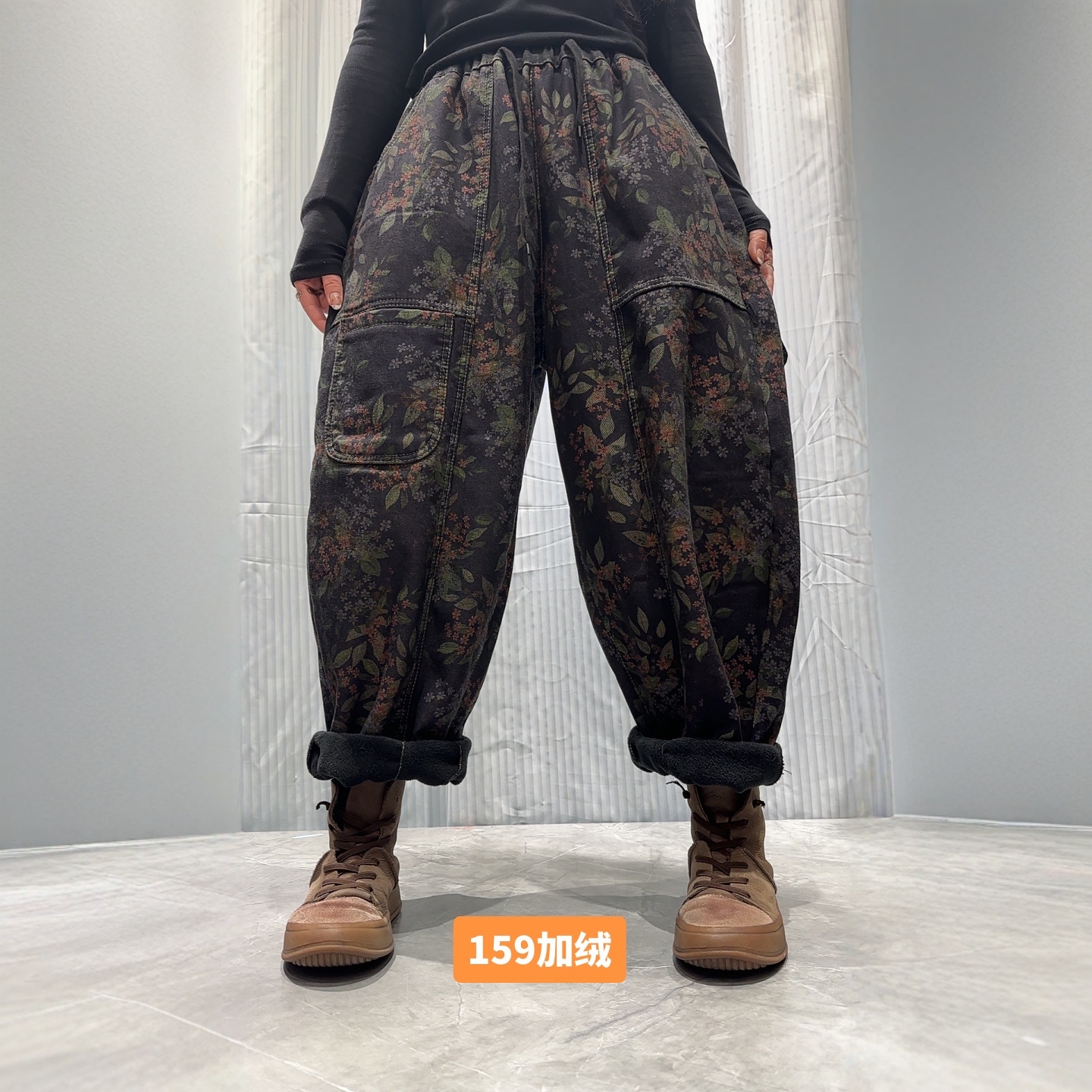 复古个性印花加绒加厚牛仔裤女