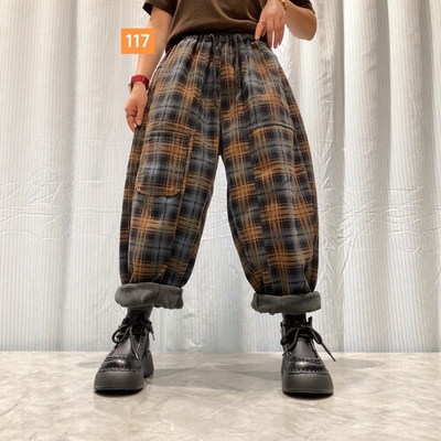 加绒加厚格子牛仔裤女2025冬季