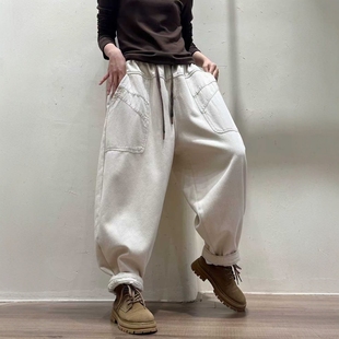 松紧腰抽绳显瘦百搭哈伦老爹裤 加绒加厚宽松大码 新款 女冬季 休闲裤