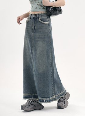 ACHIEVE ACHV牛仔裙半身裙女春秋高腰显瘦设计感小众裙子a字长裙