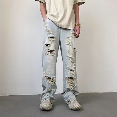ACHIEVE ACHV破洞牛仔裤美式复古潮牌乞丐裤百搭潮流宽松阔腿裤子