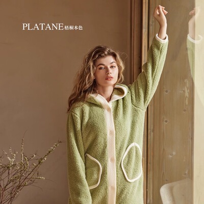 逸然米粒绒睡袍梧桐本色家居连帽睡袍蓬松柔软过膝保暖WJ22242