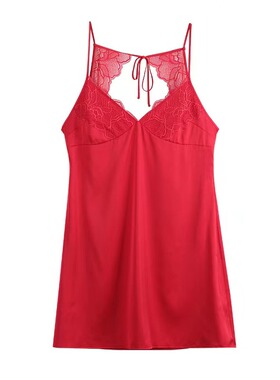梧桐本色正品新款如珩系列果红色性感蕾丝美背吊带睡裙WJ23188