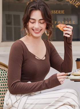 梧桐本色茵然系列方领带杯打底衫显锁骨美亲肤保暖WX85232