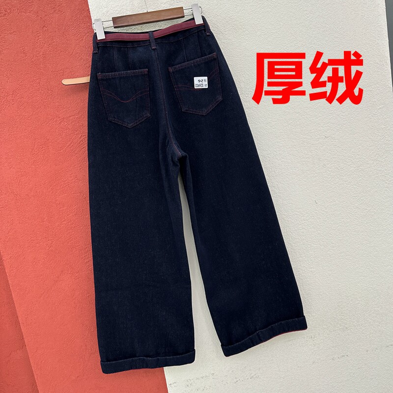 冬季FASHION JEANS金蚂蚁26902牛仔裤女厚绒阔腿裤红色绣线筒裤
