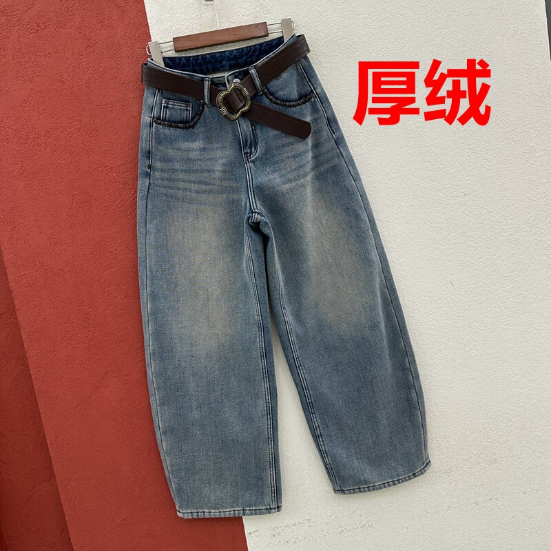 冬季欧货JEANS金蚂蚁26912牛仔裤女复合厚绒浅蓝色弯刀长裤香蕉裤