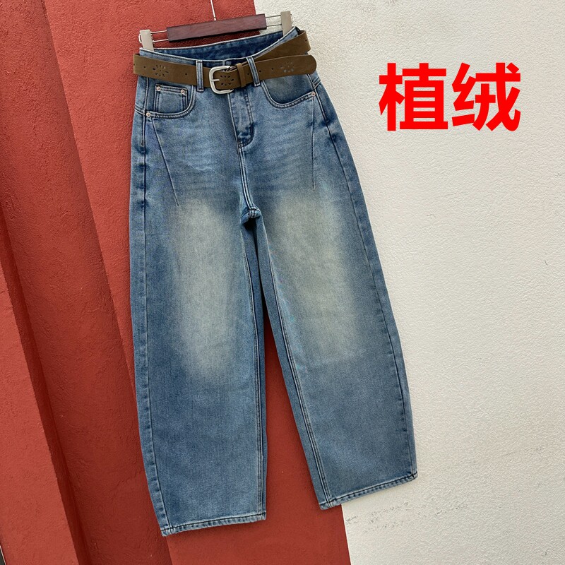 秋冬欧货JEANS红提子19201-1牛仔裤女加绒浅蓝色大口袋弯刀裤长裤