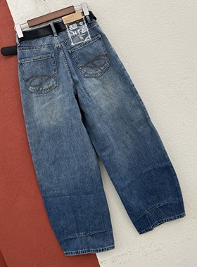 春款JEANS红提子66016牛仔裤女高腰刺绣弯刀裤水洗裤香蕉裤拖地裤