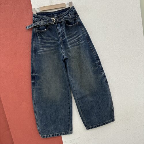 2026秋款欧货正品JEANS56695牛仔裤女高腰水洗做旧皮标猫须弯刀裤