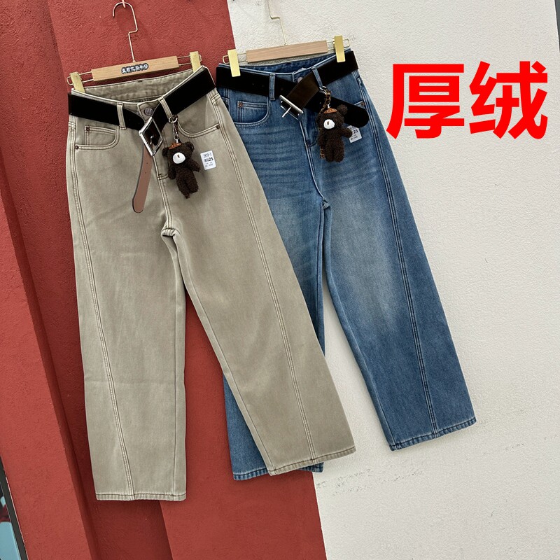 冬季JEANS绿青蛙2850 2839牛仔裤女复合厚绒压线弯刀裤小熊拖地裤