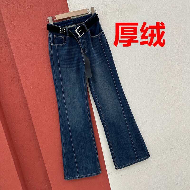 秋冬欧货JEANS倩小妞21173牛仔裤女复合厚绒压线喇叭长裤微喇裤