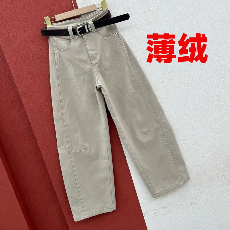 JEANS缘典25903牛仔裤女浅卡其高腰薄绒弯刀裤压线百搭香蕉裤YKK