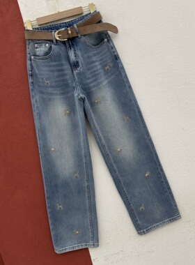 春款JEANS倩小妞佑度19511牛仔裤女高腰显瘦刺绣小马直筒裤拖地裤