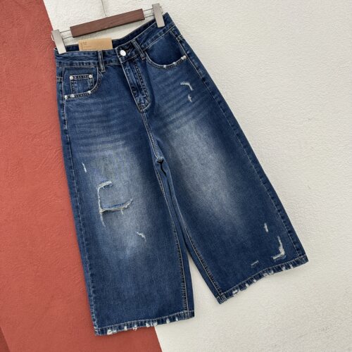 欧货HYFS JEANS红提子66267牛仔裤女夏款高腰破洞宽松阔腿八分裤