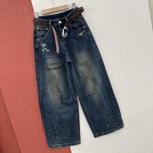2026秋款JEANS欧货正品56702牛仔裤女水洗破洞油漆点皮标弯刀裤