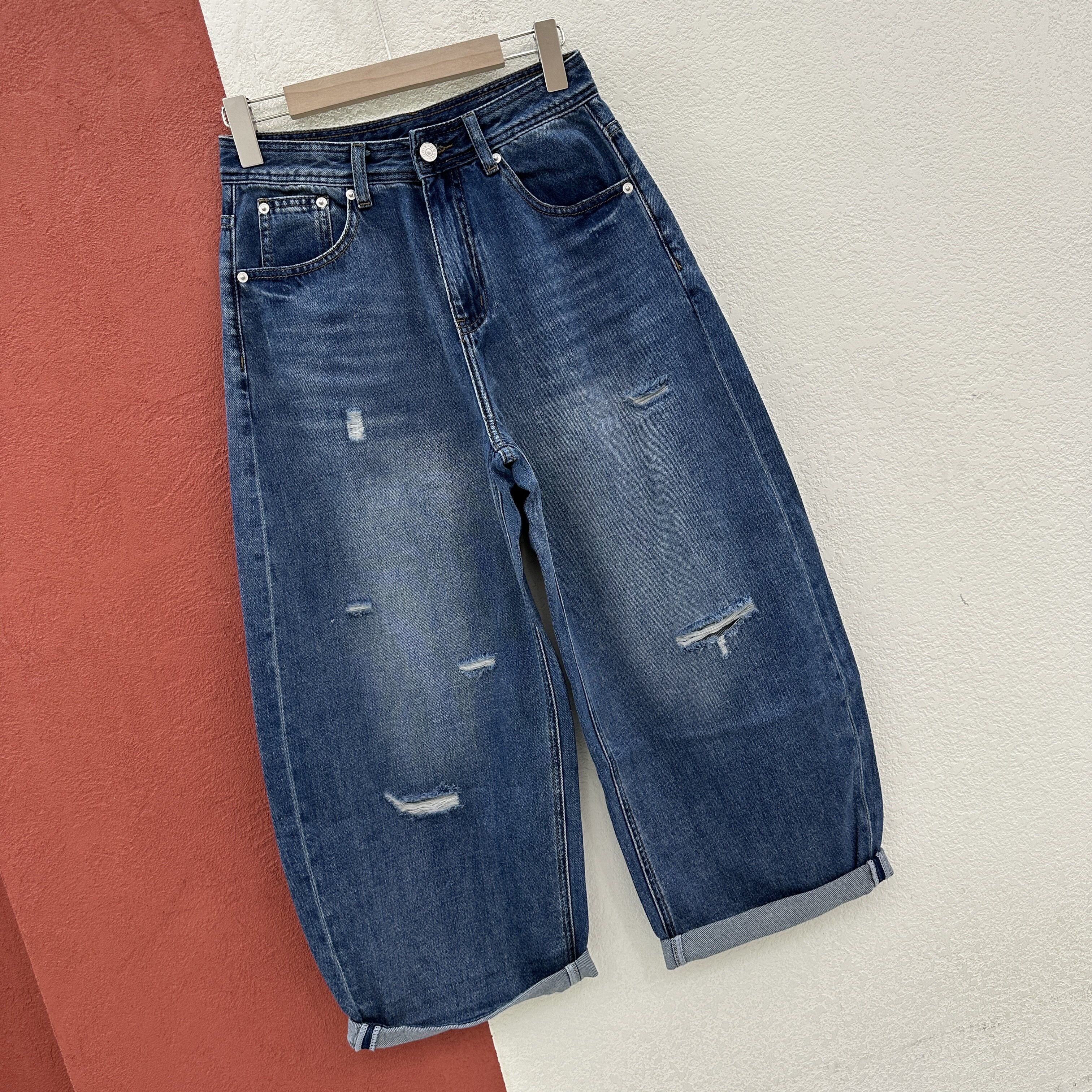 欧货YAK JEANS阿里莎莎87671牛仔裤女夏款破洞弯刀九分裤薄料纽扣