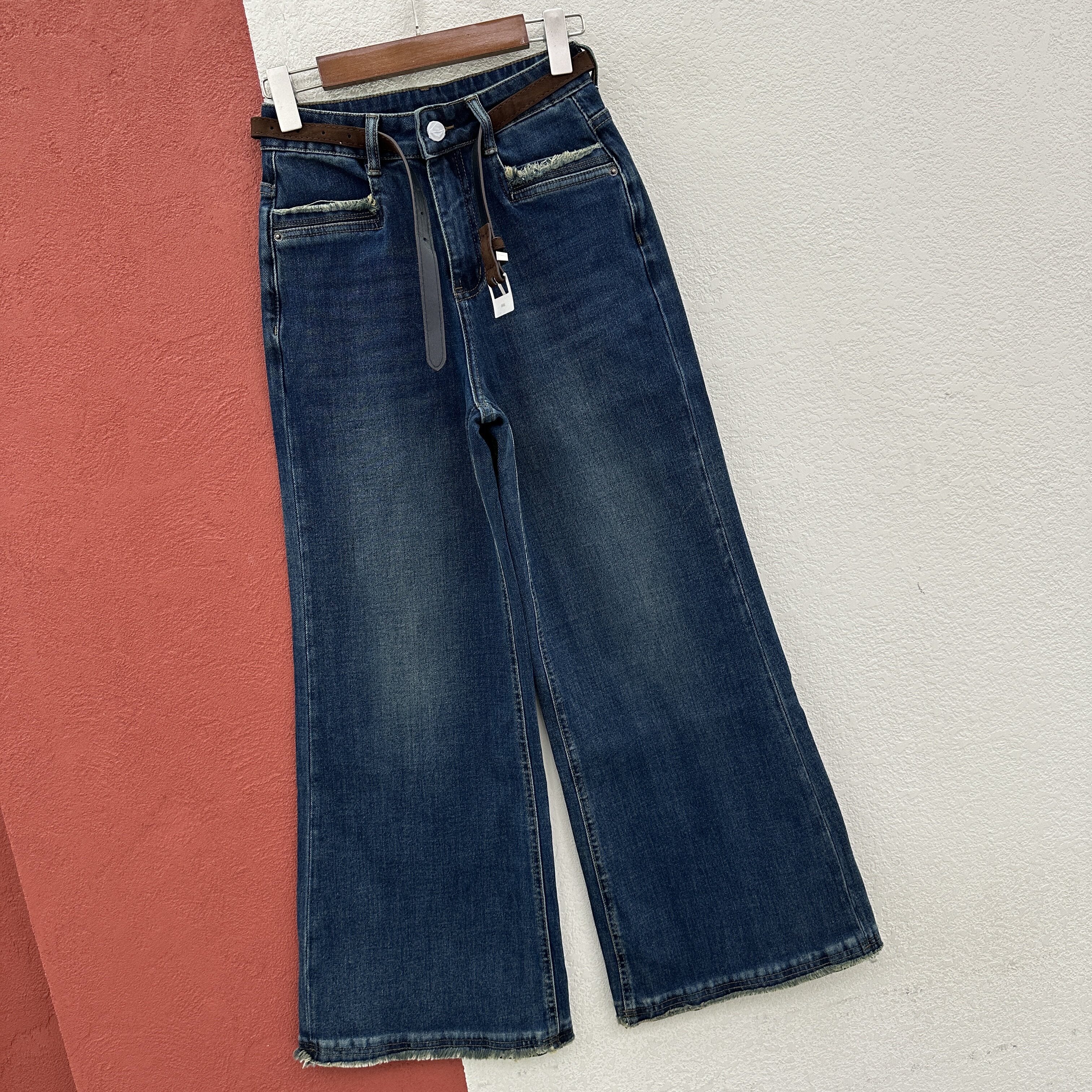 2026秋款JEANS金蚂蚁26693牛仔裤女高腰毛边阔腿喇叭裤小个子长裤