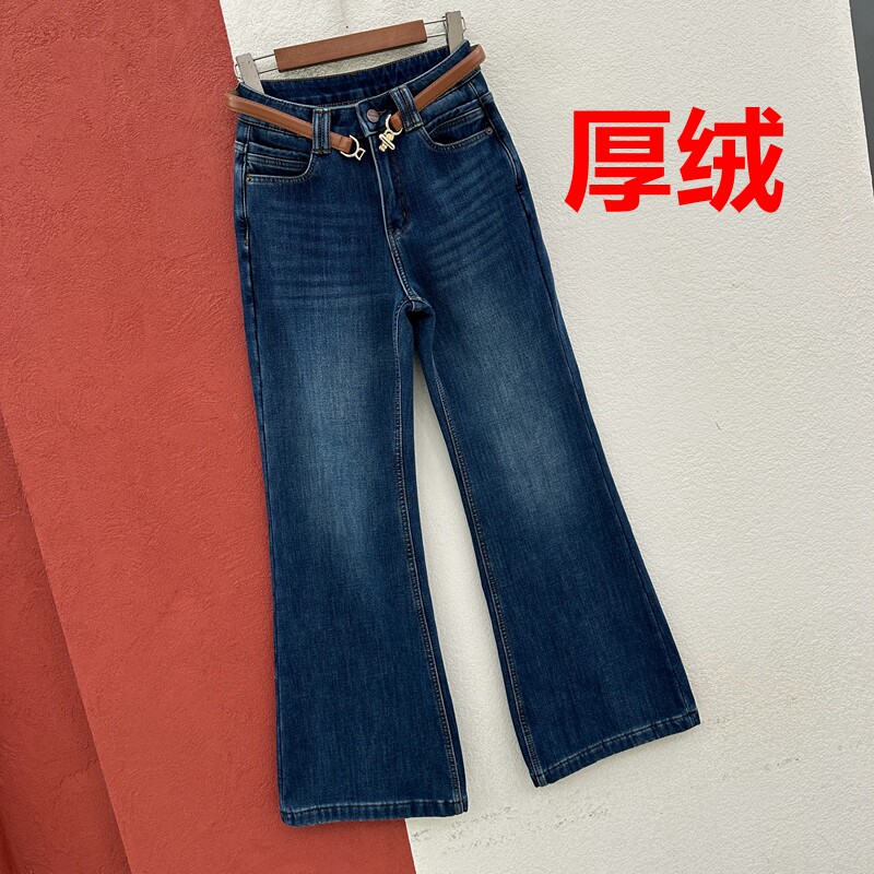 冬季JEANS金蚂蚁26918牛仔裤女复合厚绒高腰深蓝筒喇叭裤微喇长裤