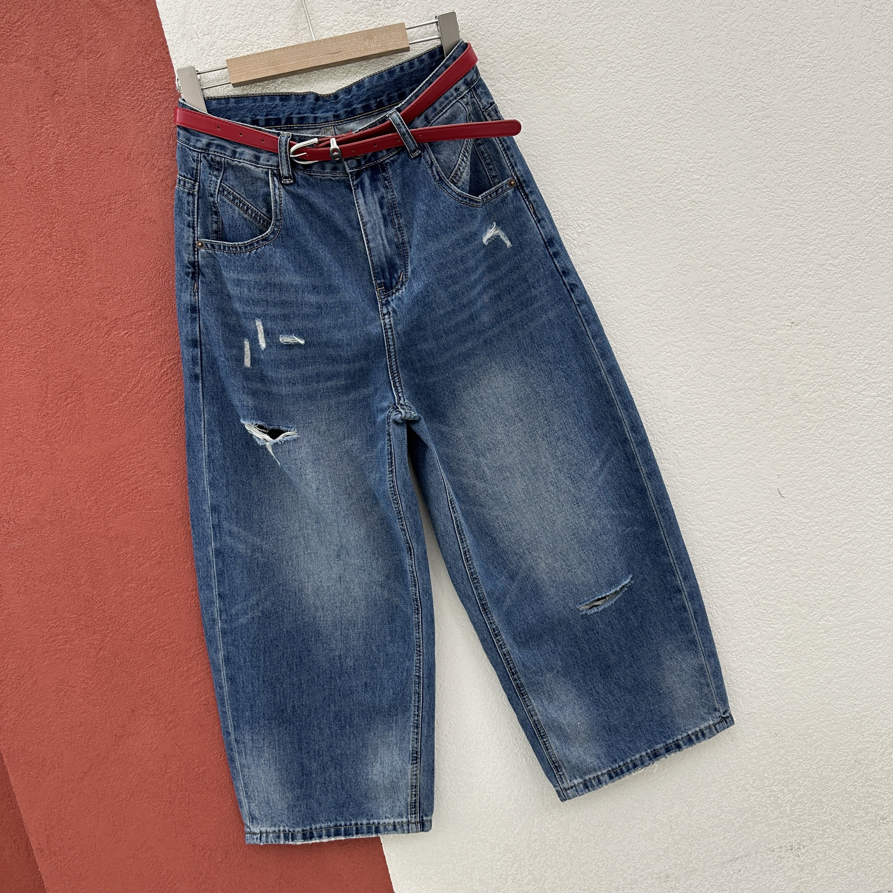 欧货潮牌FASHION JEANS 26255牛仔裤女破洞宽松阔腿裤八分弯刀裤