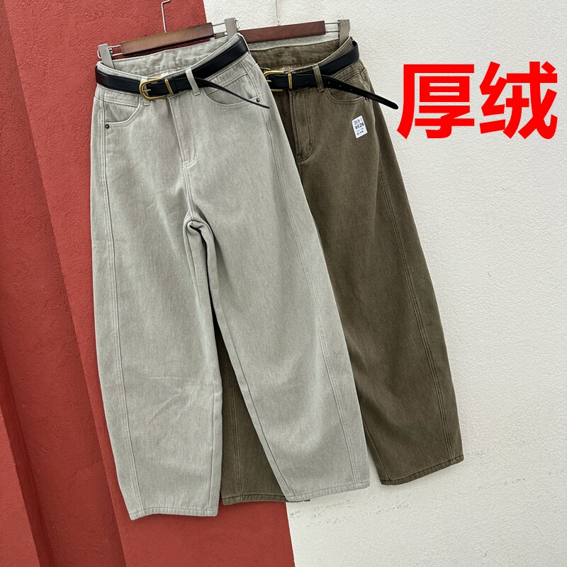 冬季FASHION欧货正版JEANS绿青蛙2818牛仔裤女复合厚绒弹力弯刀裤