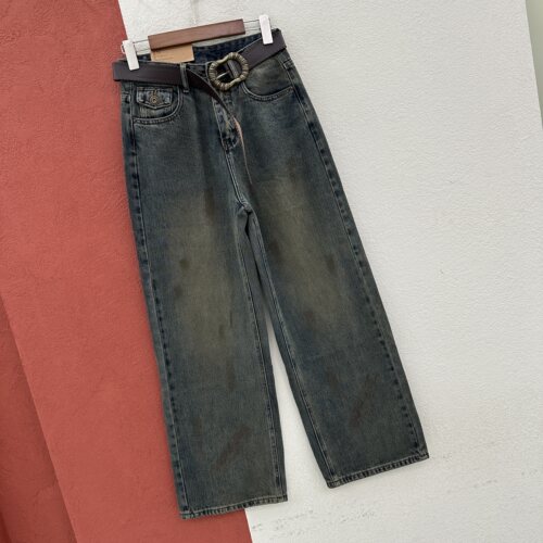 2026秋款JEANS红提子19130牛仔裤女高腰水洗涂鸦脏脏灰直筒拖地裤