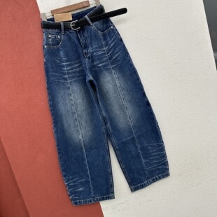 春款HYFS JEANS红提子66001牛仔裤女复古蓝猫须高腰窄版弯刀裤