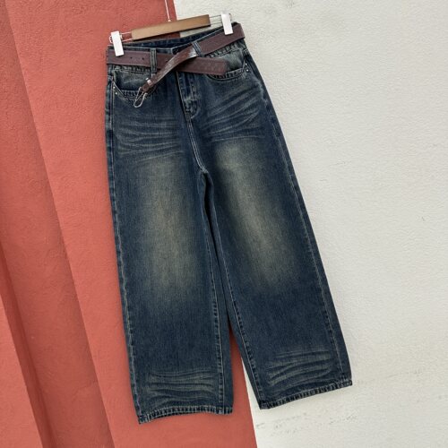 2026秋款FASHION JEANS26610牛仔裤女高腰刺绣直筒阔腿裤皮标拖地