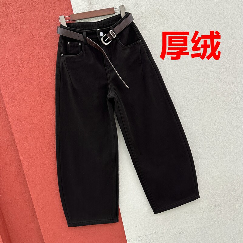 冬季JEANS港恋68631牛仔裤女厚绒窄版显瘦弯刀裤翻盖拖地裤长裤