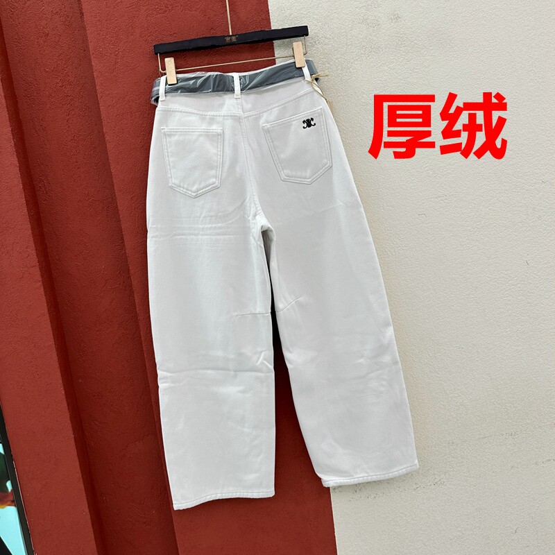 冬季FASHION JEANS哈妮88182牛仔裤女厚绒刺绣小图标缩脚弯刀裤
