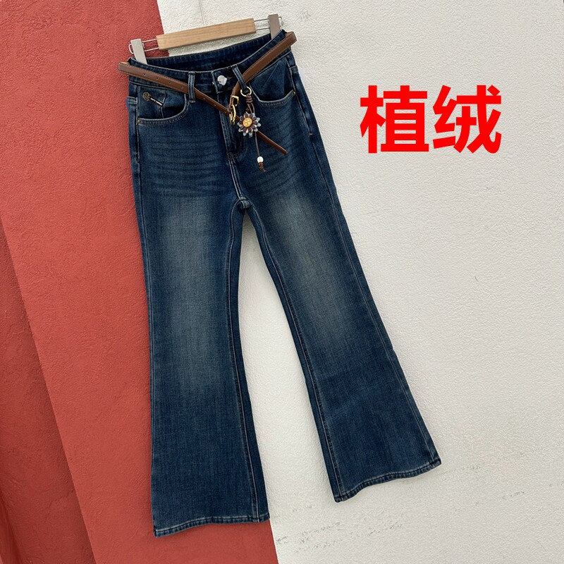 秋冬欧货正品FASHION JEANS牛仔裤女植绒微喇裤刺绣花朵喇叭长裤