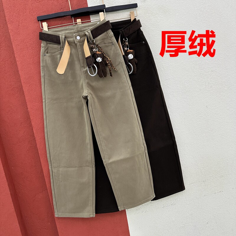 冬季FASHION JEANS可可江南9015牛仔裤女厚绒刺绣缩脚小熊弯刀裤