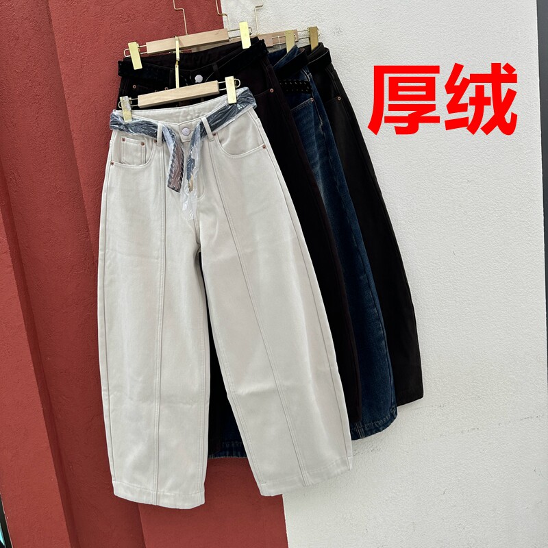 秋冬欧货JEANS倩小妞21513牛仔裤女复合厚绒压线弯刀长裤镰刀筒裤