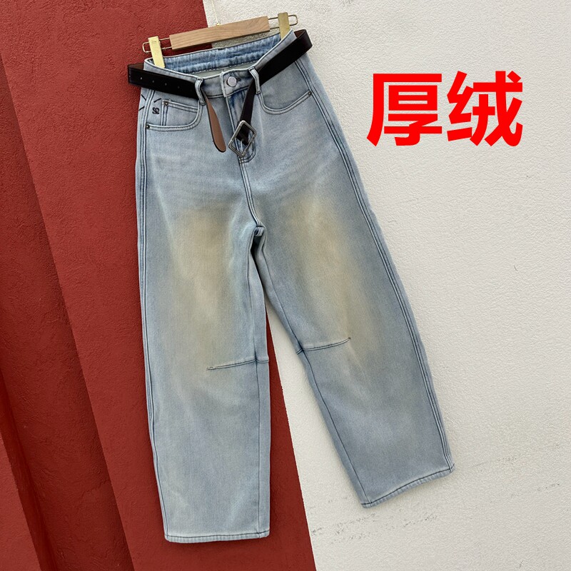 秋冬欧货JEANS倩小妞牛仔裤女复合厚绒弯刀长裤浅蓝色刺绣镰刀裤