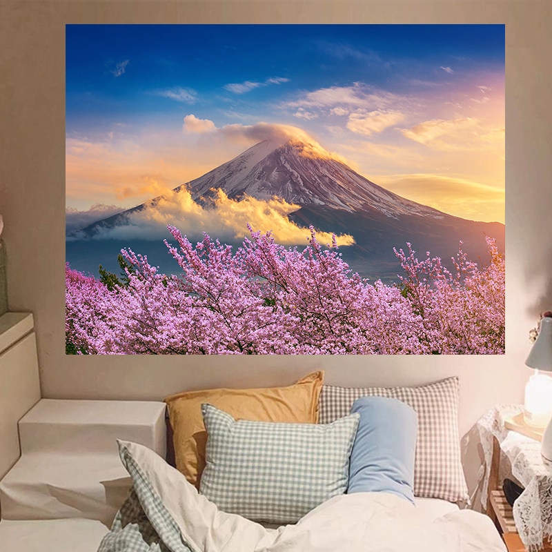 唯美日系富士山动漫背景布卧室房间床头装饰挂布网红风景山水墙布