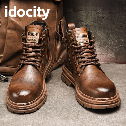idocity高帮马丁靴男士休闲复古皮鞋英伦风机车工装短靴防水耐磨