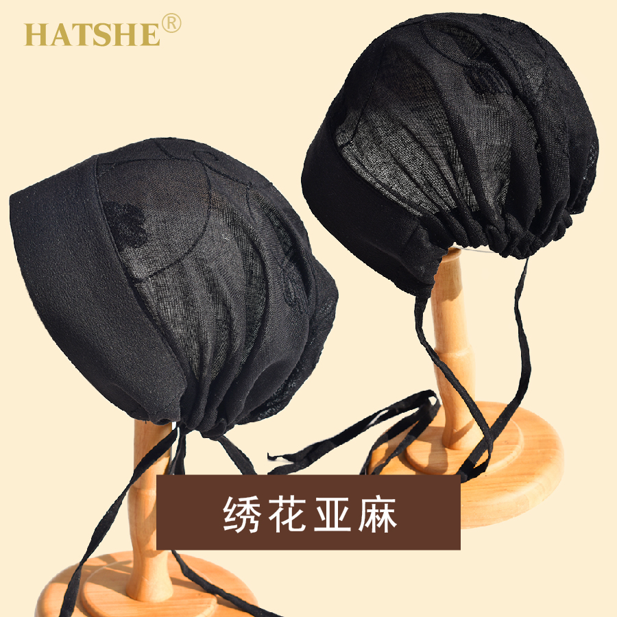 HATSHE亚麻真丝绣花系带包头帽头巾静坐禅修遮白发束发帽2025春夏