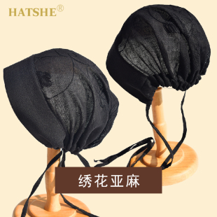 HATSHE原创设计亚麻真丝绣花系带包头帽头巾静坐禅修遮白发束发帽
