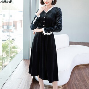 秋冬金丝绒连衣裙女大码胖mm洋气收腰a字裙高档气质遮肚显瘦裙子