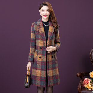 显瘦毛呢外套 宽松大码 高档羊绒格子中年妈妈大衣中长款 女加厚新款