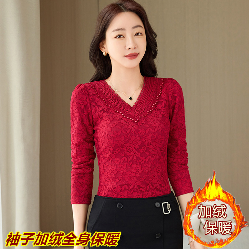 加绒加厚妈妈打底衫女时尚大码保暖内搭秋冬洋气蕾丝修身显瘦上衣