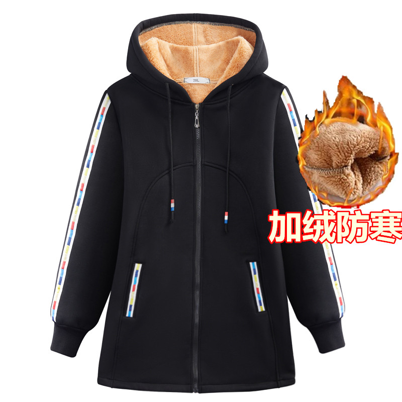 冬季保暖蓄热卫衣加绒加厚胖mm大码连帽外套宽松中长款羊羔绒棉衣
