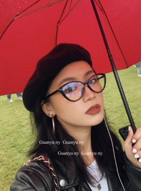 「关於」正确版！时髦精复古黑色猫眼眼镜框TR90防蓝光倒三角眼镜