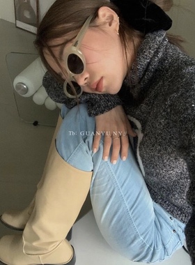 「关於」独家象牙色墨镜2024新款jennie猫眼椭圆形渐变蓝墨镜女gm