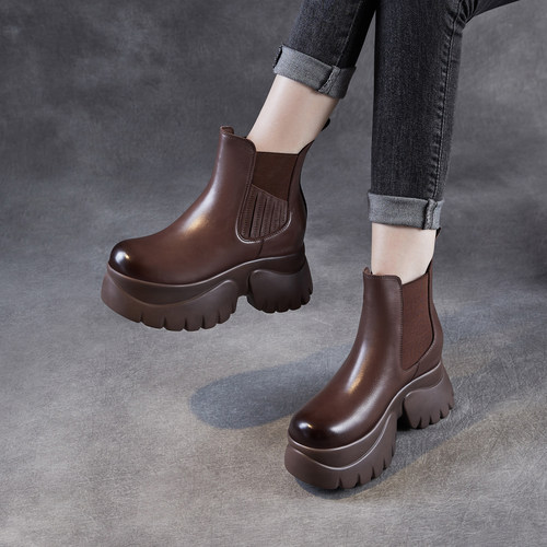 头层牛皮烟筒靴女厚底小个子马丁靴2025秋冬季真皮内增高加绒短靴