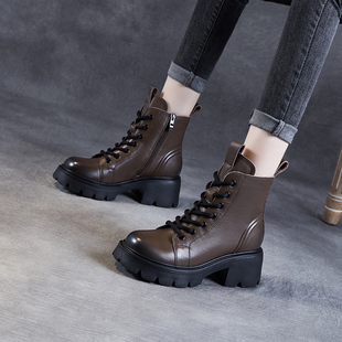 头层牛皮厚底马丁靴女2025新款秋冬加绒靴子真皮高跟防滑气质短靴